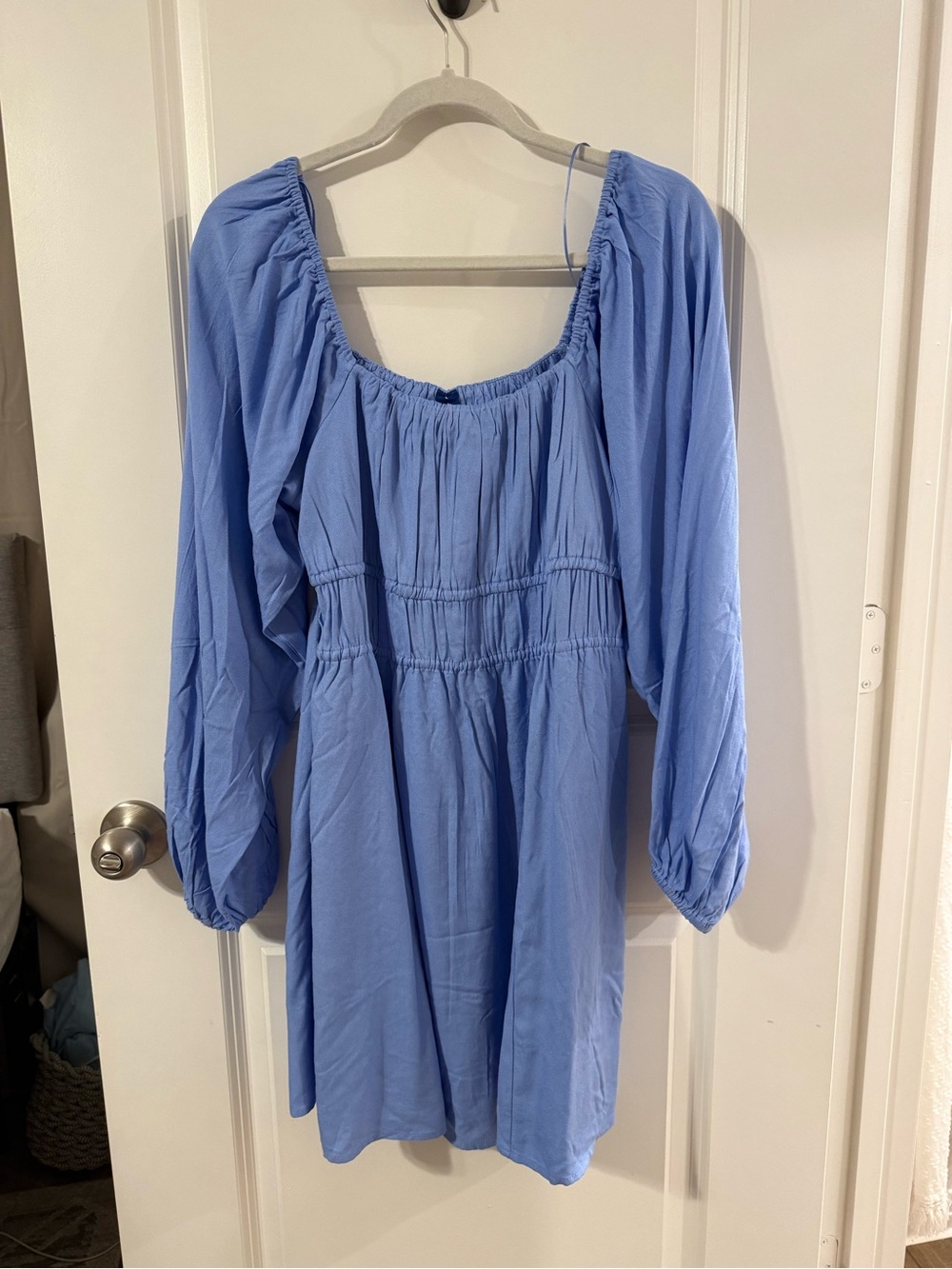 NWT Old Navy Light Blue Ruched Peasant Puff Sleeve Flowy Viscose Dress Large
